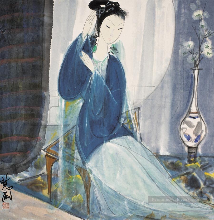 Dame en bleu vieille Chine encre Peintures à l'huile